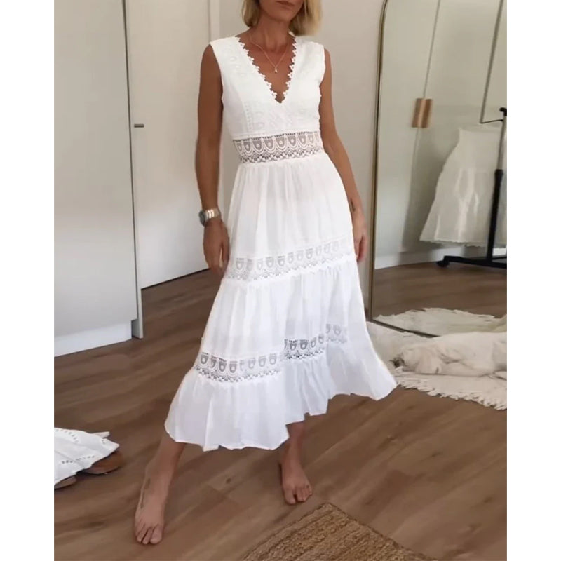 ALYSSA | Abito Midi Senza Maniche con Scollo a V e Delicati Dettagli in Pizzo